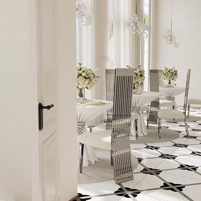 Upholstered Dining Chairs Set of 10, White and Silver Dining Room Chairs, Modern Luxury Chairs with High Back and Mirrored Silver Metal Legs for Kitchen Living Room Restaurant