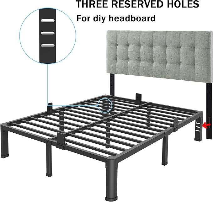 FUIOBYVV 12 Inch Queen Bed Frame with Rounded Corner and Headboard Hole Mattress Retainers 3500 LBS Metal Heavy Duty Steel Slats Support No Box Spring Needed Platform Noise Free Easy Assembly