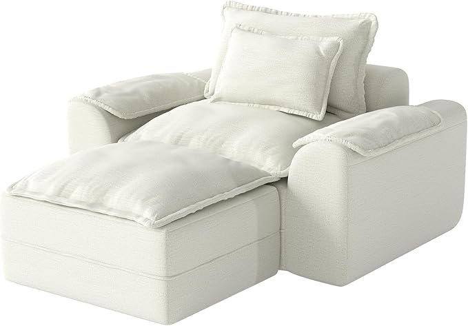 Hobestluk Cloud Single Sofa with Ottoman Memory Foam Couch with Deep Seat L Shaped Sofa with Removable Cover Large Couch for Living Room (Beige, Single Sofa with One Ottoman)