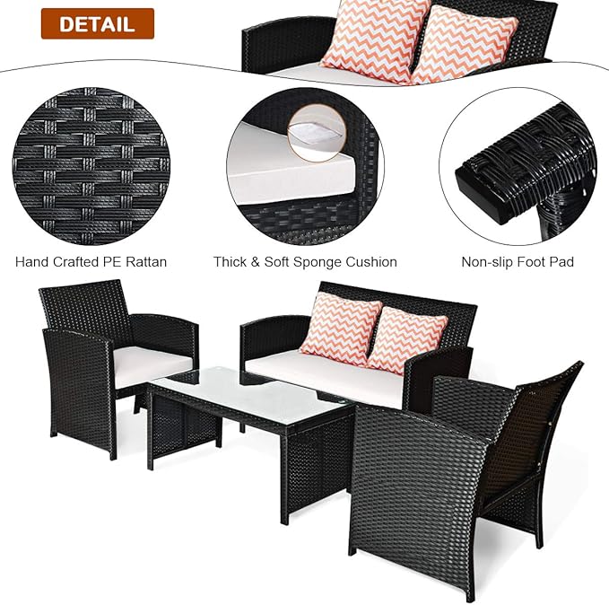 Tangkula Patio Wicker Conversation Furniture Set, Patiojoy Sofa & Table Set w/4 Seats, Outdoor Rattan Sofa Set for Balcony Backyard, Wicker Chair Set with Tempered Glass Coffee Table (2, White)