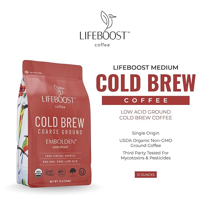 Lifeboost Dark Cold Brew Ground Coffee, Certified Organic Low Acid, 12oz