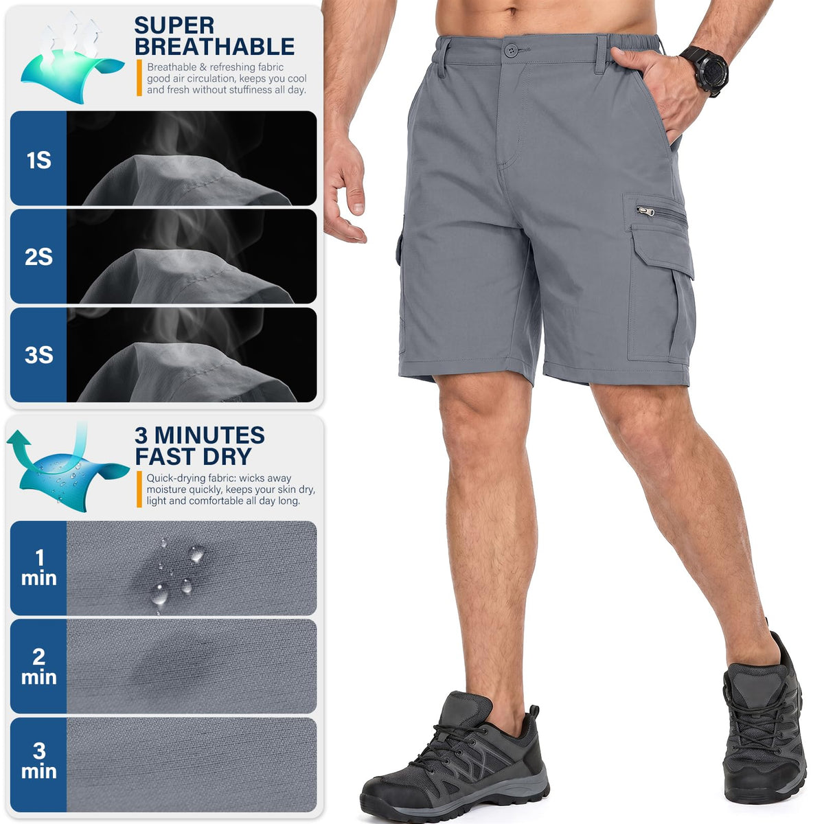Jessie Kidden Mens Outdoor Casual Elastic Waist Lightweight Water Resistant Quick Dry Fishing Hiking Shorts (6222 Grey 36)