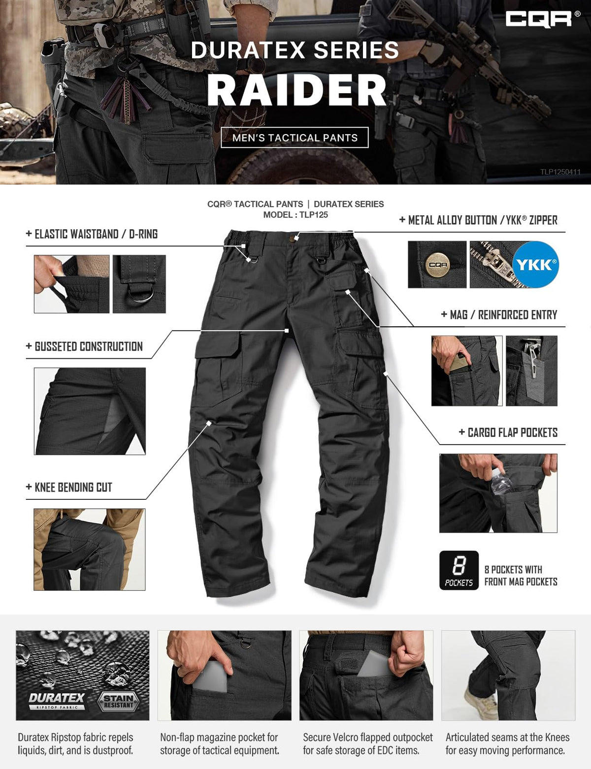 CQR Men's Tactical Pants, Water Resistant Ripstop Cargo Pants, Lightweight EDC Work Hiking Pants, Outdoor Apparel, Duratex Mag Pocket Black, 30W x 30L
