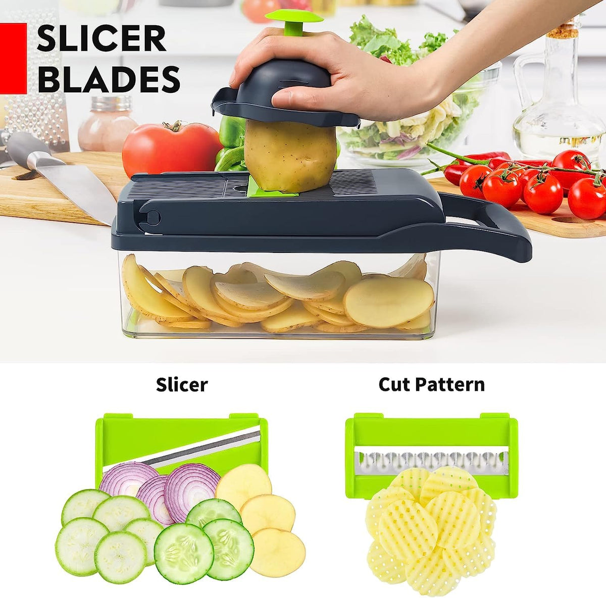 Vegetable Chopper, Pro Onion Chopper, 14 in 1Multifunctional Food Chopper, Kitchen Vegetable Slicer Dicer Cutter,Veggie Chopper With 8 Blades,Carrot and Garlic With Container (Gray) (Gray)