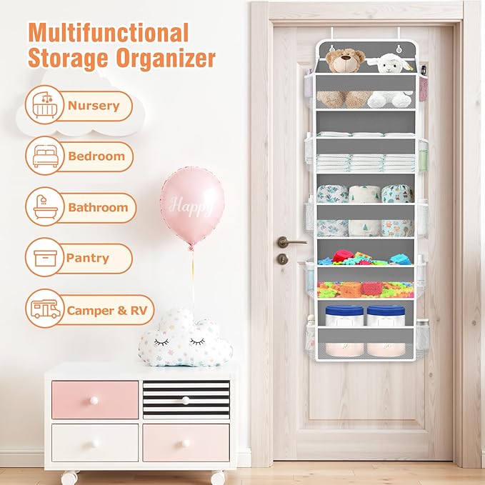 WISELIFE Over The Door Organizer - 5 Shelves Large Capacity Hanging Bedroom Storage Solution with Side Pockets for Dorm Bathroom Pantry Nursery and Baby Essentials Holds up to 40 Lbs (Grey)
