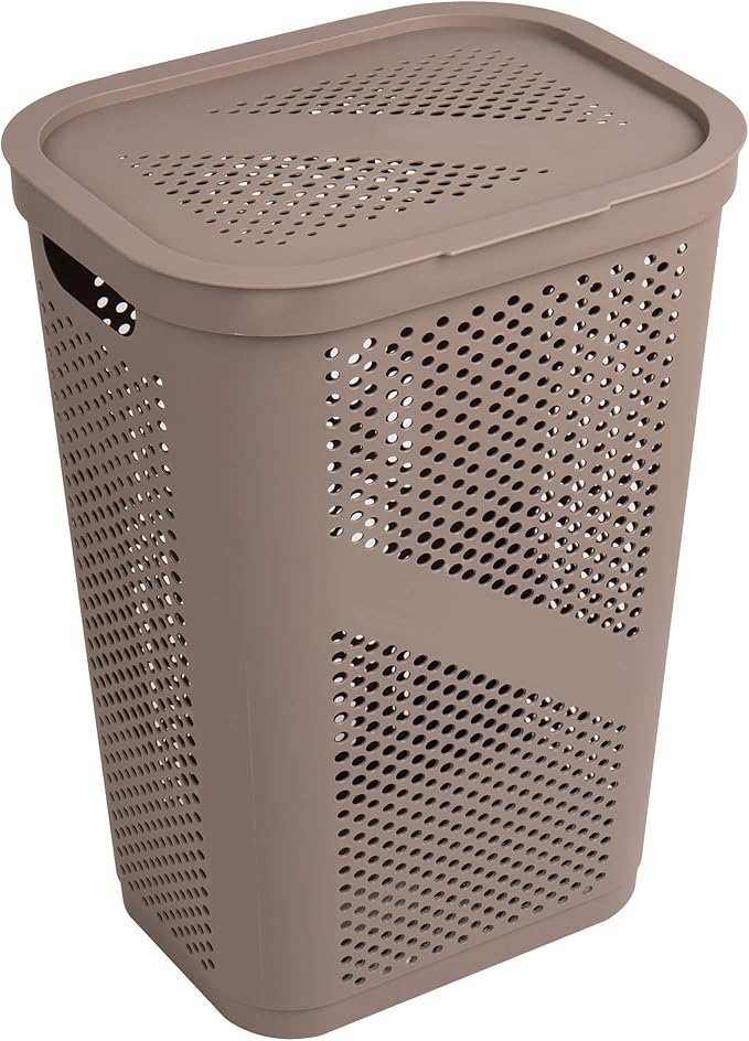 Mind Reader 60L Slim Laundry Hamper, Clothes Basket, Lid, Ventilated, Plastic, Set of 2, Tan