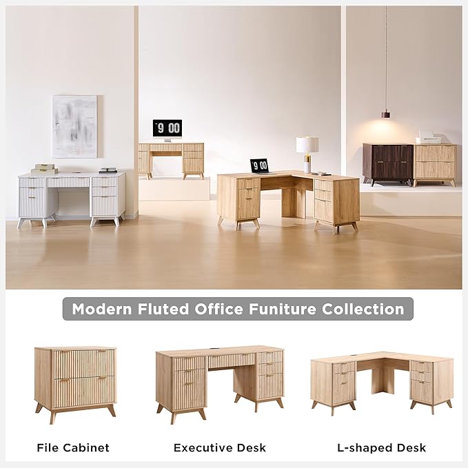 T4TREAM 60'' Fluted Executive Desk with Drawers, Modern Home Office Computer Desk with Charging Station, Keyboard Tray, File Drawer and Storage Cabinet for Study, Living Room, Bedroom, Natural Oak