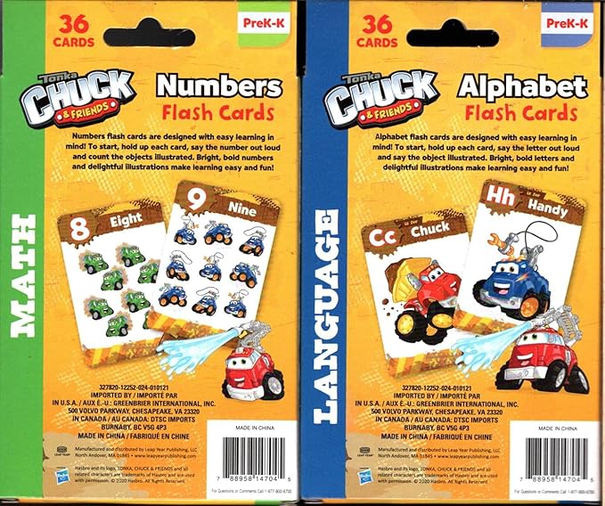 Hasbro Tonka Chuck & Friends Flash Cards - Numbers, Alphabet - PreK-K (Set of 2 Pack)