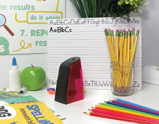 Bostitch Office Battery Powered Pencil Sharpener, Portable, Hinged Tray, Colored Pencil Compatible, Fits In Backpack & Most Pencil Cases, Red