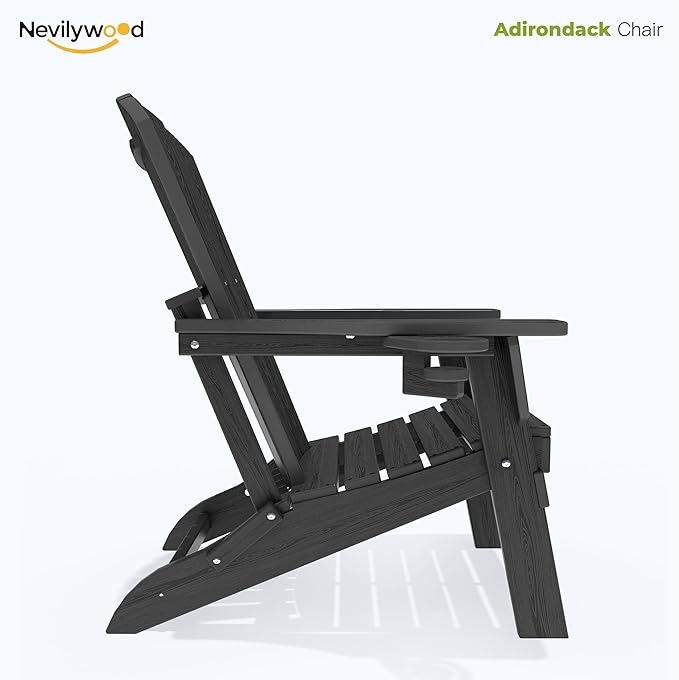 nevilywood Folding Adirondack Chair - Extended Ergonomic Backrest, Cup Holder - Easy Assembly - Durable HDPE Plastic, Weather Resistant & Maintenance-Free - Lawn, Patio, Deck Supports 380lbs Black