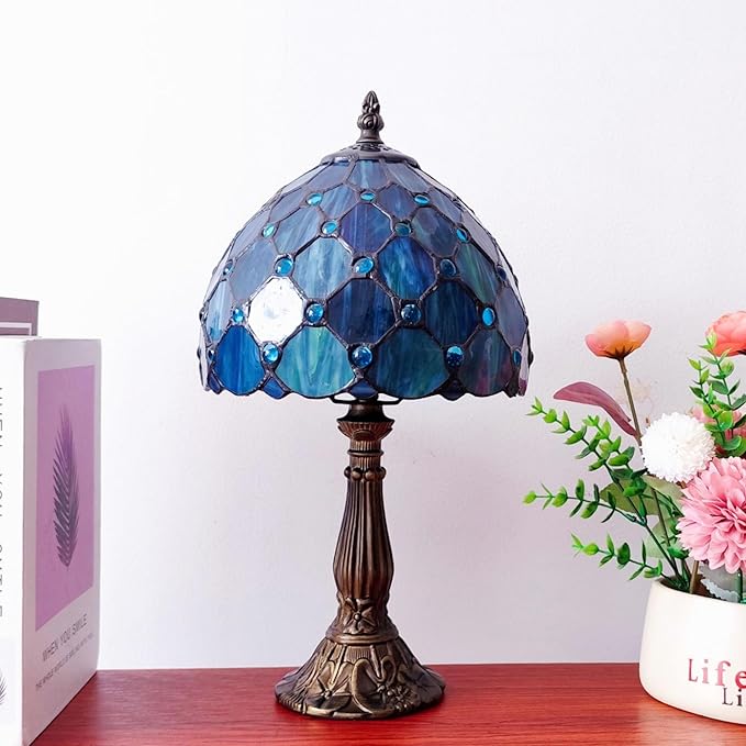 Small Tiffany Table Lamp 8 Inch Blue Pearls Style Tiffany Style Stained Glass Antique Light Bedroom Bedside Lamp Retro Reading Light