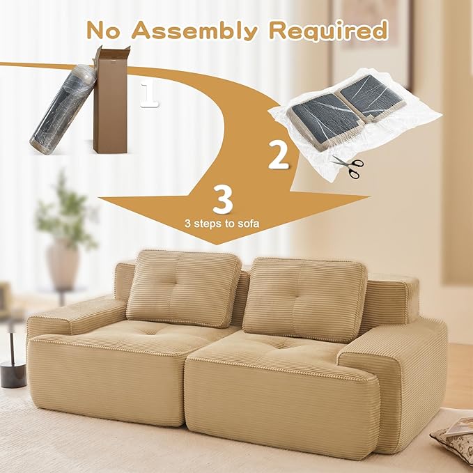 80" Modern Corduroy Boneless Love Seat Couches, 2 Seater Large Sectional Couches for Living Room, Camel Cloud Modular Sectional Sofa, Memory Foam, Extra Deep Loveseat, No Assembly