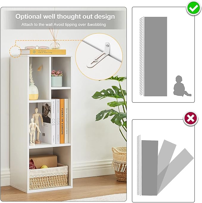 VECELO Small White Bookshelf, 4 Cube Slim Bookcase, Fits Tallest Hardcovers, Horizontal Available, Modern Floor Standing Unit, Each Shelf Hold Up to 66 LBS,White