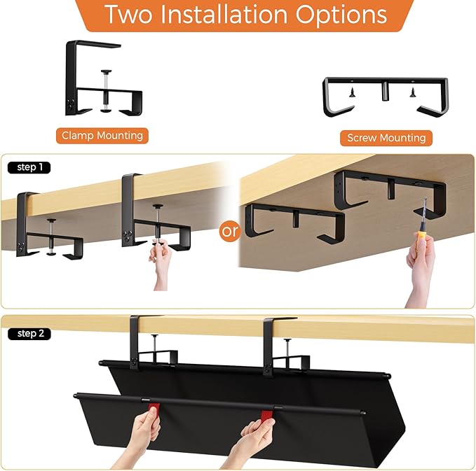 Under Desk Cable Management Tray - 28" Cord Organizer for Desk No Drill, Fabric Under Table Wire Organizer with 16X Cable Ties Hide for Office/Home, Cord Hider Fits Adapters & Sockets, Black