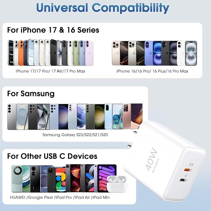 45W USB C Super Fast Charger35W+10W Dual Type C Port Charger Block with 4FT+6FT Type C Charger Cablefor Samsung Galaxy S25/S24/S23/S22/S21/i Phone 17/16/15