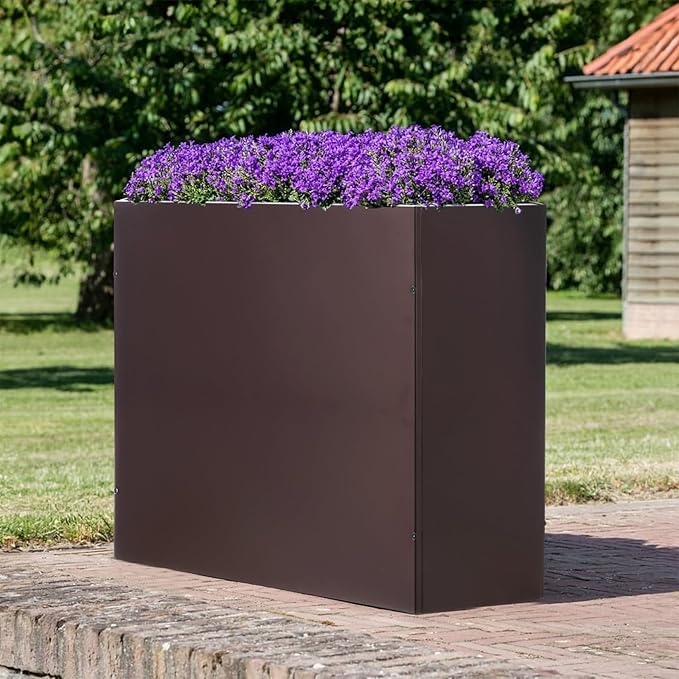 SUNNYPARK Large Metal Planter Box 32”x 12”x 24”, Rectangular Modern Brown Metal Planter Box Heavy Duty with Drainage Holes for Outdoor Garden Patio
