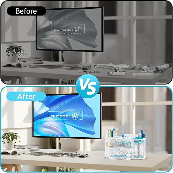 SUPEASY Mesh Desk Organizer, Desk Accessories & Workspace Organizers with Drawers, Pencil Holder for Desk with 9 Compartments for Office Suppliess, 8.6 x 4.3 x 4.1 Inch, White