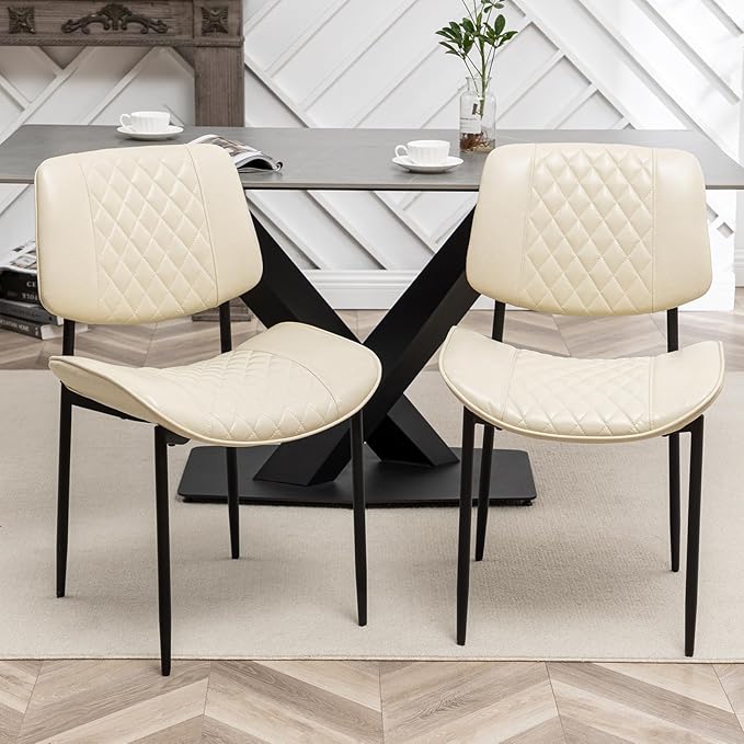 Modern Dining Chairs Set of 2, Leather Dining Chair with Metal Legs, Upholstered Dining Room Chairs for Dining Room, Kitchen, Vanity (Beige)