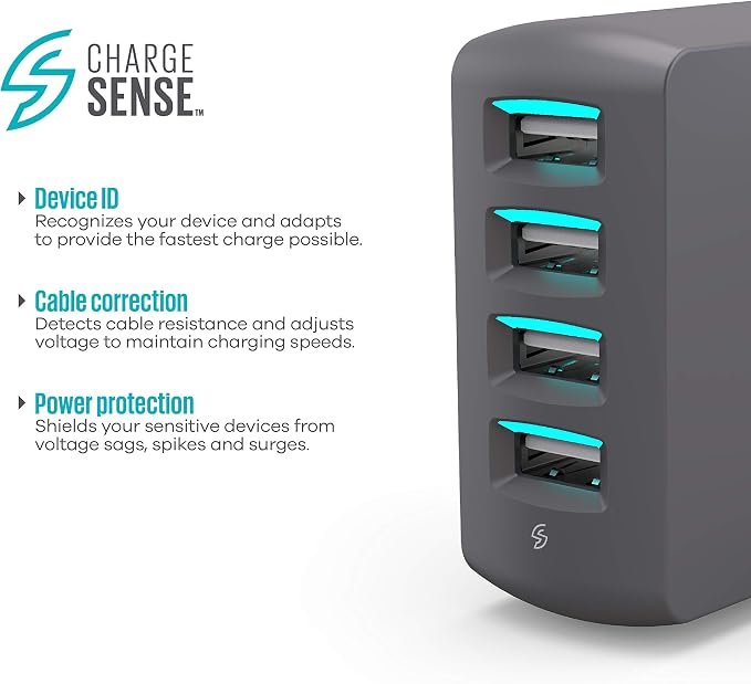 360 Electrical 360542 Vivid 8.0 USB Wall Charger with Four USB Ports 8.0 Amp (40 Watt) Charging Power Folding Plug LED Guide Lights and Charge Sense Technology (Gray)