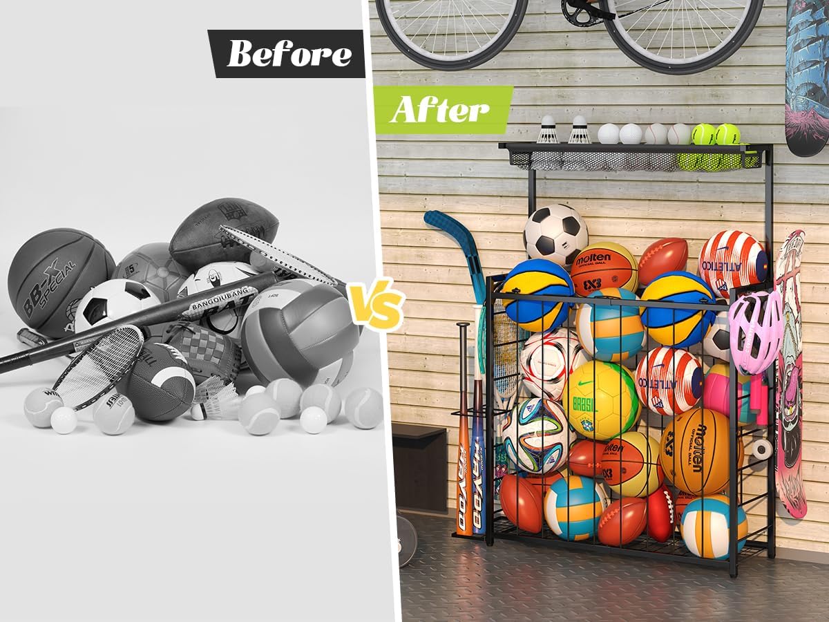 Large Sports Equipment Organizer, Garage Storage Ball Rack with Elastic Straps and 3 Hooks, Outdoor Toy Organizer Stand, Garage organization Storage Rack for Basketball, Football, Soccer, Volleyball