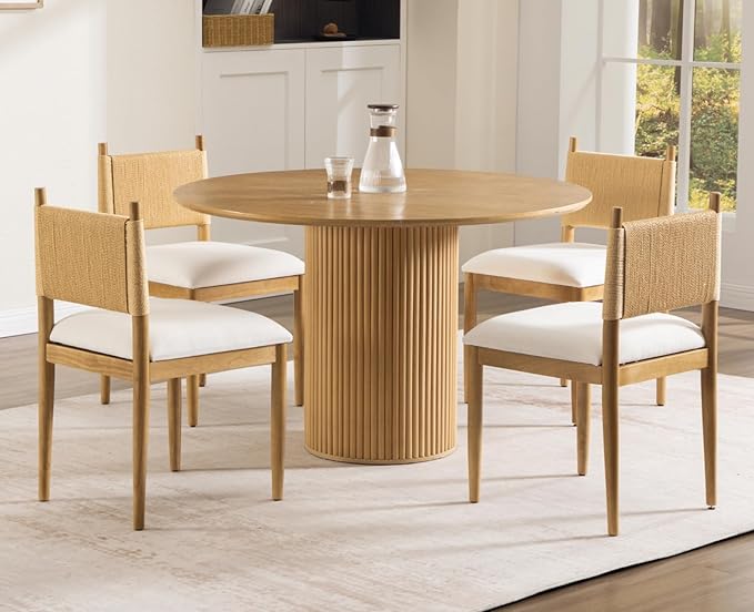 CIMOTA Modern Dining Chairs Set of 2, Mid Century Upholstered Dining Room Chairs with Woven Back, Armless Kitchen Chairs with Natural Solid Wood Legs, Linen Beige