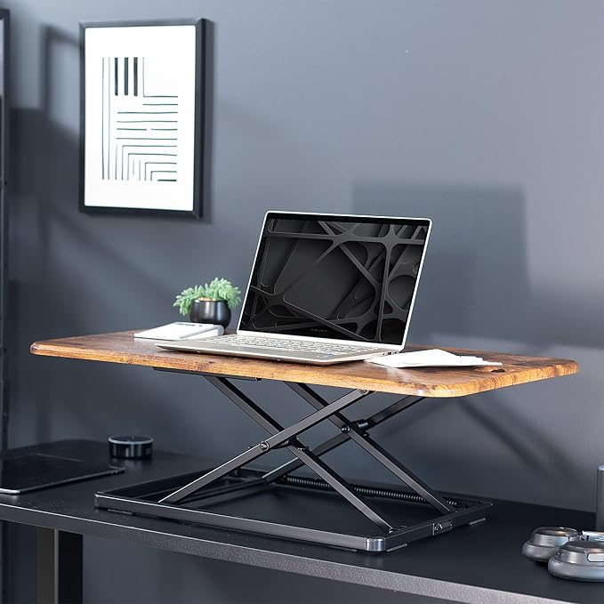VIVO Ultra-Slim 32 Inch Single Top Height Adjustable Standing Desk Riser, Compact Sit Stand Desktop Converter for Monitor or Laptop, Vintage Brown, DESK-V032JN