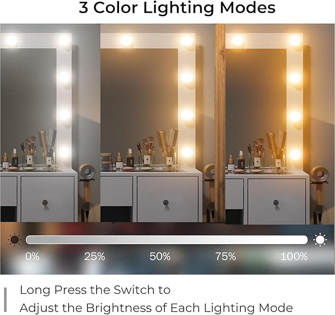 Vanity Desk with Mirror and Lights, Makeup Vanity Desk with Lights 3 Colors, Reinforced Glass Vanity, Makeup Vanity with 11 Storage Drawer (White, 7 Drawers)