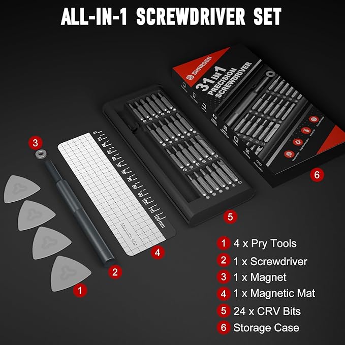 SHARDEN Small Screwdriver Set, 31 in 1 Screw Driver Set Kit with Torx, Phillips, Flathead, Mini Repair Tools Kit for Laptop, Phone, MacBook, Computer, Electronics, Glasses, Watch