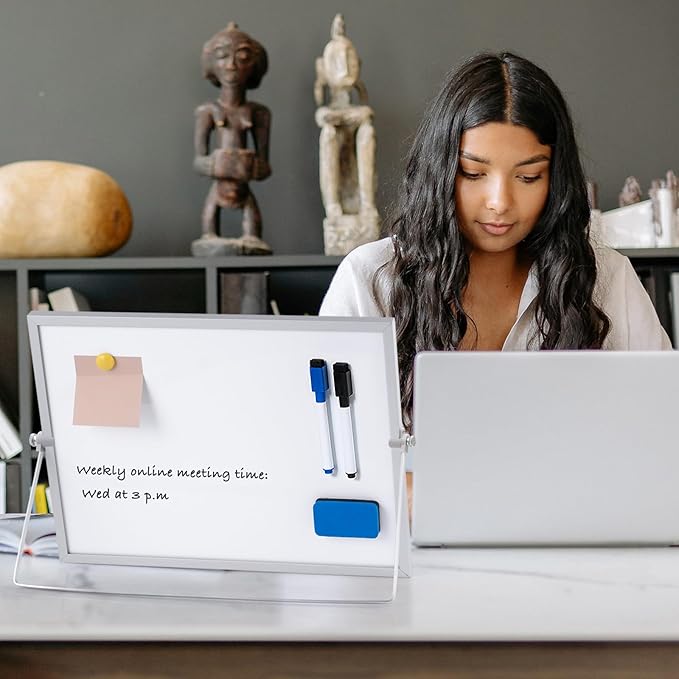 ARCOBIS Dry Erase White Board with Stand, 12" x 16" Weekly Double-Sided Desktop Whiteboard 10 Markers, 4 Magnets, 1 Eraser, Portable Magnetic Dry Erase Calendar for Planning, to Do List, Memo, School