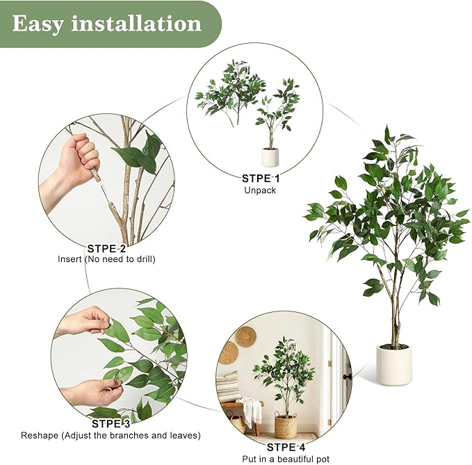 4FT Ficus Trees Artificial Indoor, Faux Silk Plant with Natural Wood Trunk and Lifelike Fruits, White Imitation Ceramic Planter with Green Fake Moss for Modern Home Office Living Room Decor