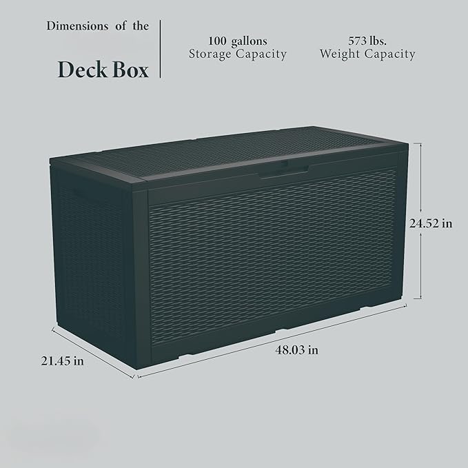 100GAL Black Wicker - Textured Outdoor Deck Box with Lockable – Waterproof, SGS - Verified UV Resistance, Stylish Storage for Patio Furniture & Outdoor Toys, Quick Assembly