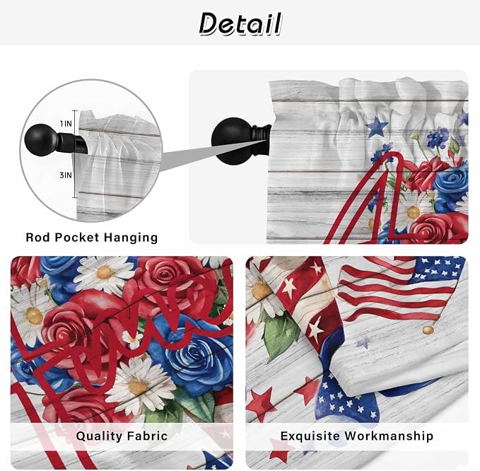 Independence Day Kitchen Tier Curtains 24 Inch Long 2 Panel Set, Rod Pocket