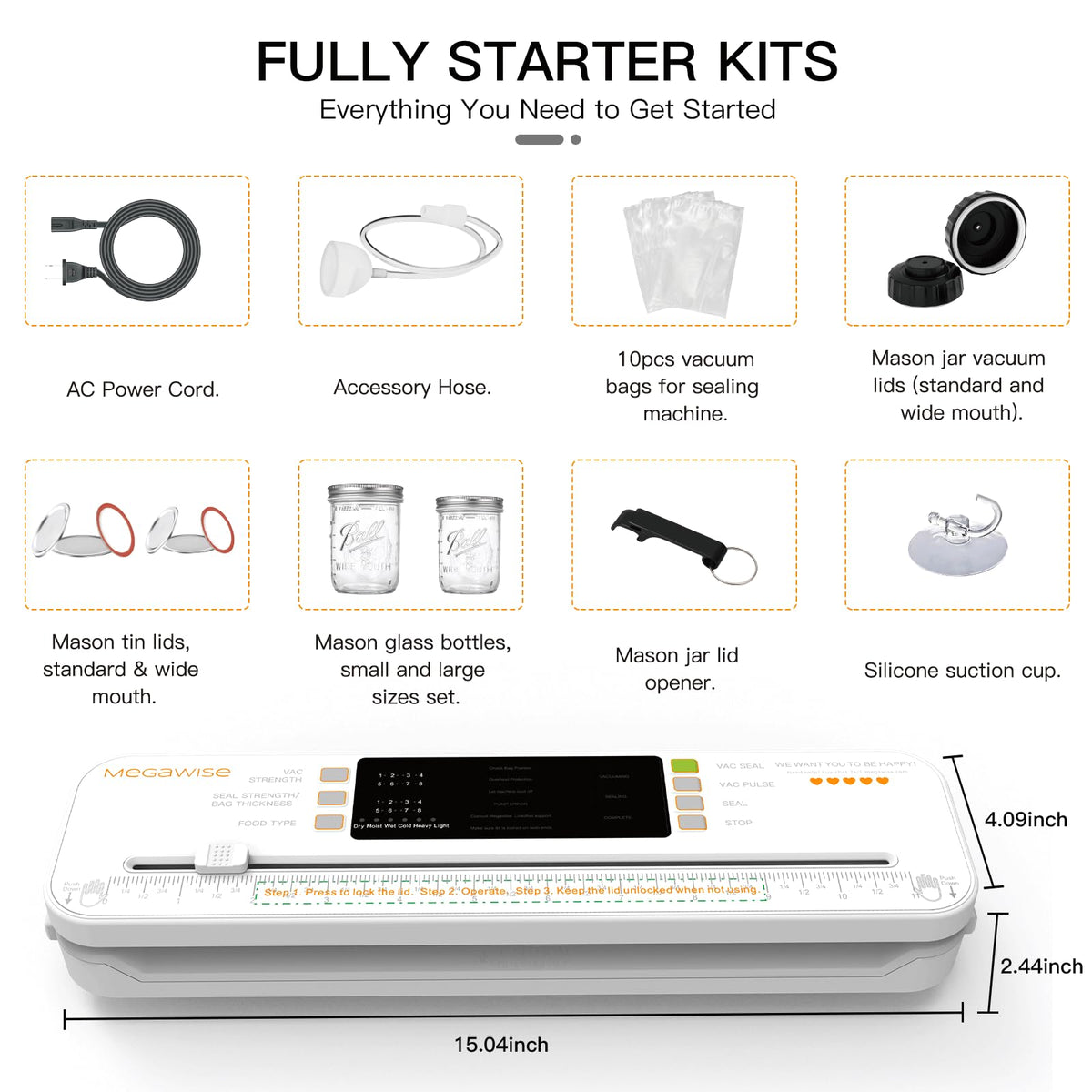 MEGAWISE Food Vacuum Sealer for Food Preservation, Freezer Storage & Meal Prep, Dry & Moist Modes, Built-in Cutter Compact, White