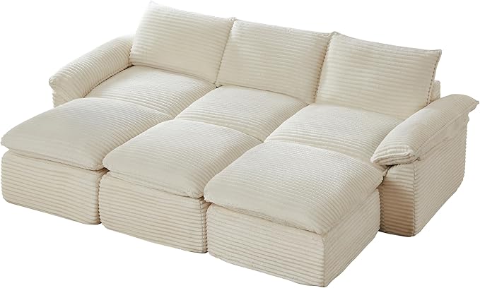 111" Cloud Sectional Couch, Corduroy Sectional Sofa with Ottoman, Boneless Couch with Deep Seat in a Box for Living Room, No Assembly Required (White)