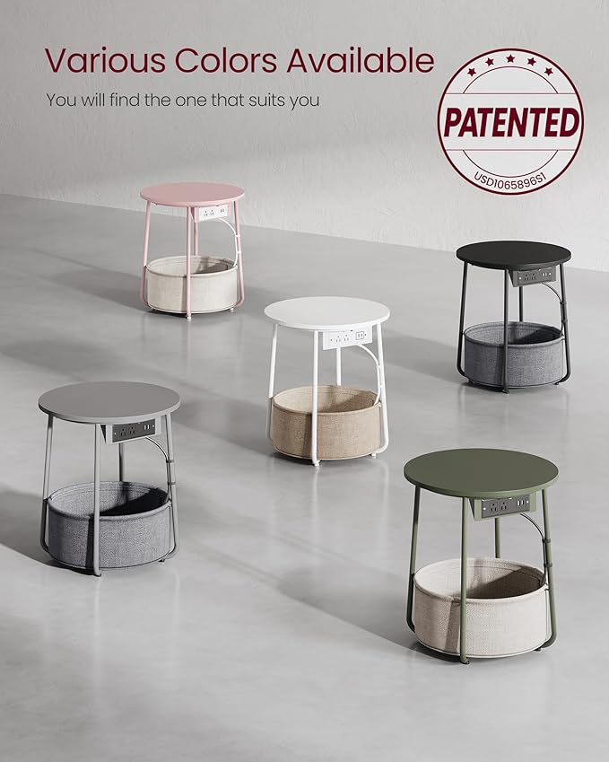 VASAGLE LILEA Collection - Side Table with Charging Station, Round End Table with Fabric Basket, Nightstand with USB Ports, for Living Room, Bedroom, Modern, Dove Gray and Slate Gray ULET228G01