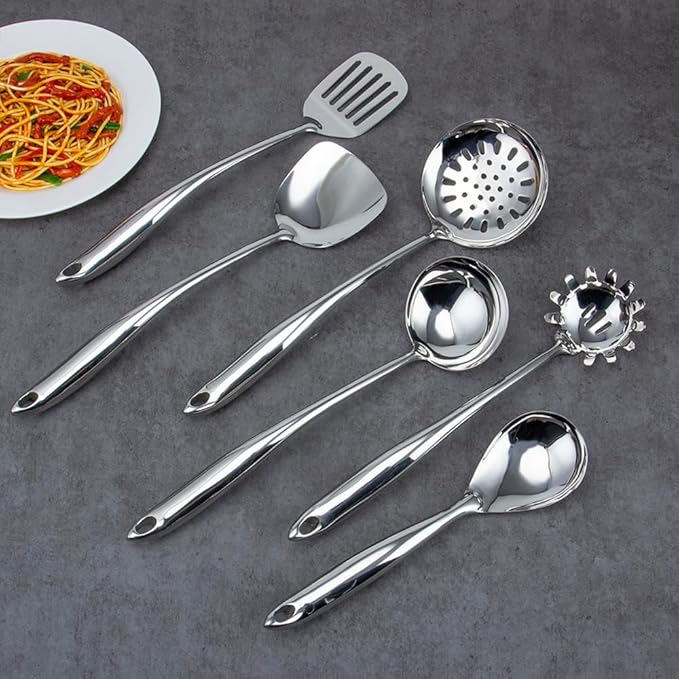 VALESKA 6PCS Stainless Steel Cooking Utensils Set,Metal Kitchen Utensils Set, Include Wok Spatula Stainless Steel,Metal Pasta Spoon and etc,Easy to Clean