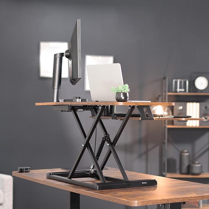 VIVO 48 inch Desk Converter, K Series, Height Adjustable Sit to Stand Riser, Dual Monitor and Laptop Workstation with Wide Keyboard Tray, Rustic Vintage Brown Top, Black Frame, DESK-V048KN