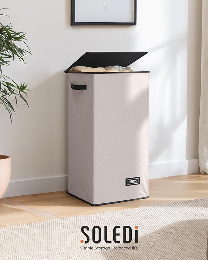 SOLEDI Slim Laundry Hamper with Lid, Narrow Laundry Basket with Removable Bags, Dirty Clothes Hamper with handle, Small Hamper perfect for Laundry room, Bathroom, Bedroom, Small spaces.Light taupe