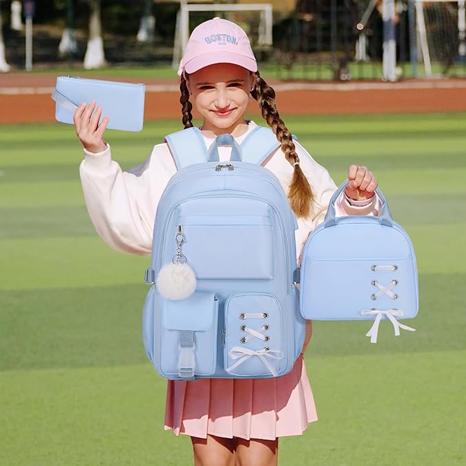 Backpacks for Girls, Girls Backpack with Lunch Box & Pencil Pouch for Teens Girl Kids Elementary Middle High School College Student Bookbag Daypack Laptop Travel Backpack for Women (Blue)