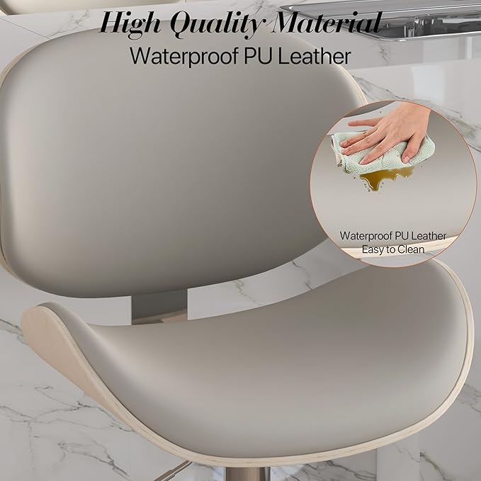 Adjustable Swivel Bar Stools 1 PC, Modern Bentwood Barstool with Large Metal Base and Footrest, PU Leather Upholstered Bar Chair with Curved Back for Kitchen Island Dining Room, Gray