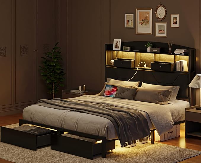 Full Size Black Bed Frame with 4 Storage, Upholstered Velvet Platform Bed Frames with Button Tufted Headboard Led Lights, Wooden Slats Support, No Box Spring Needed, Black