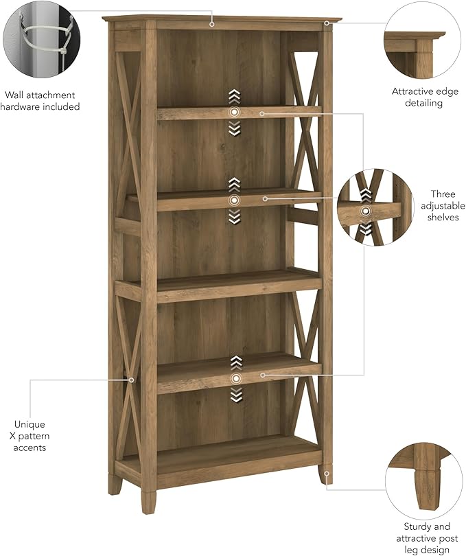 Bush Furniture Tall 5 Shelf Bookcase for Living Room or Home Office, Large Bookshelf, Modern Farmhouse Style, Key West Collection, Reclaimed Pine