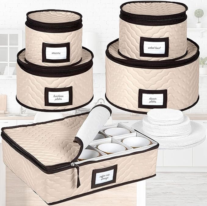 China Storage Containers 5-Piece Set Moving Boxes for Dinnerware, Glasses, Plates, Mugs and Saucers Sturdy Quilted Microfiber Dish Organizer with Dividers for Seasonal Storage - Holds Set of 12