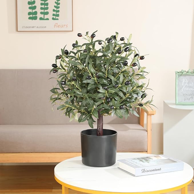 25.5” Tall Artificial Topiary Ball Olive Tree Set of 2 Pack, Olive Boxwood Topiary Ball Potted Bushes UV Resistant Potted Plants for Garden Indoor Outdoor Home Decor