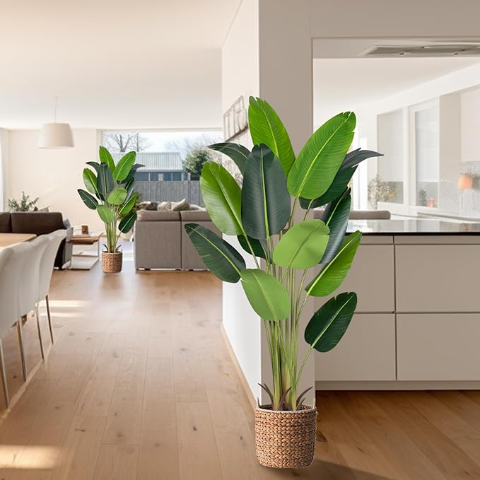 Artificial Bird of Paradise Plant 6Ft Fake Tropical Palm Tree with 13Trunks Faux Banana Leaf Trees in Pot for Home Indoor Outdoor Office Modern Decor Housewarming Gift(2Pcs)