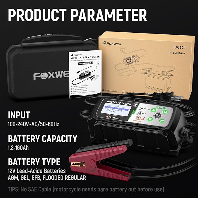 FOXWELL BC521 5A 12V Battery Charger & Tester, 4-in-1 Battery Maintainer, Trickle Charger & Starting/Charging System Tester, Smart 8-Stage Charging, Pulse Repair, Unattended Mode for Car/RV/Motorcycle