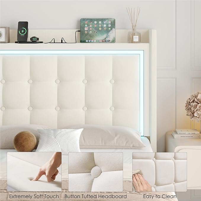Keyluv Upholstered Full Floating Bed Frame with RGB LED Lights and Charging Station, Velvet Platform Bed with Button Tufted Storage Headboard, Type-C & USB Charging Ports, No Box Spring Needed, Beige