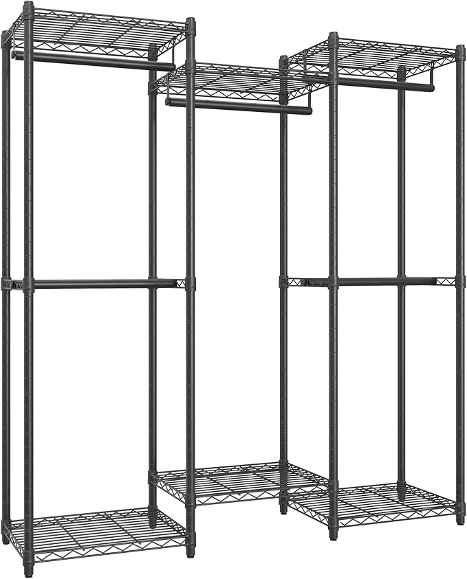 SONGMICS Heavy-Duty Clothes Rack, Garment Rack, Portable Closet, 56.9-Inch Wide Clothing Rack, with Adjustable Mesh Shelves and Hanging Rails, Ink Black ULGR432B01