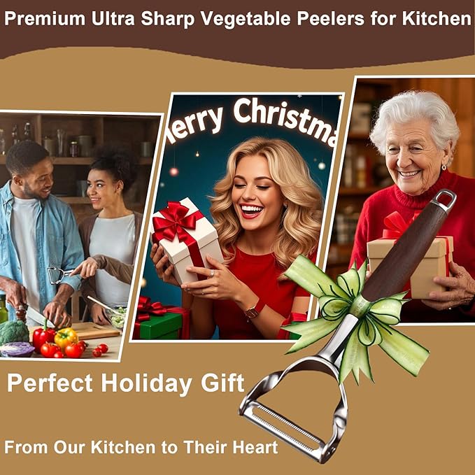 AUDAMI Premium Vegetable Peeler - Stainless Steel Serrated Y Potatoe Peeler for Veggie, Carrots, Apples - Ultra Sharp Swivel Blade Fruit Peeler with Ergonomic Natural Wood Handle