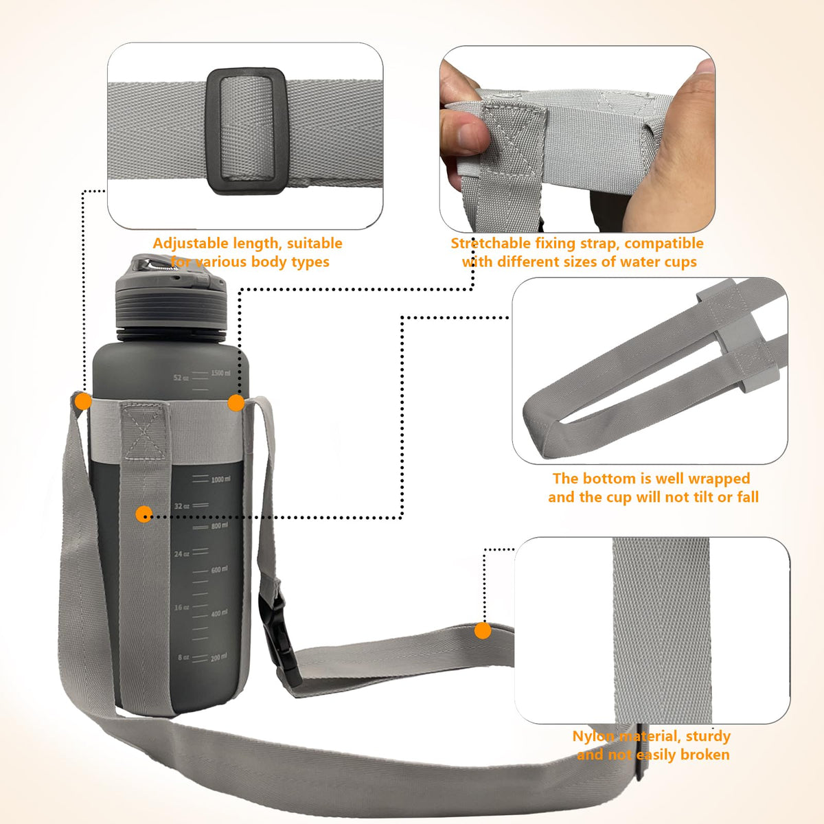 SZSUYAD Water Bottle strap,Simple&Adjustable Crossbody strap (gray28-52oz)